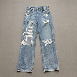 American Eagle Jeans Women's 8 Blue‎ Straight Leg High Rise Stretch Distressed